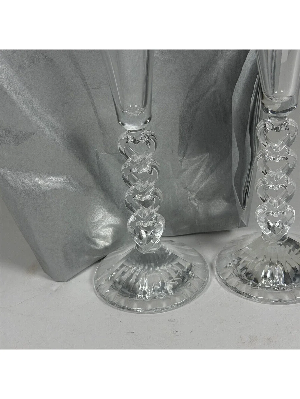 Set of 2 Clear Glass Champagne Flutes with Stacked Heart Stems - S-1